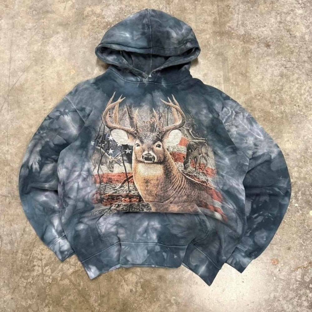 Y2K The Mountain Blue Tye Die Deer Nature Graphic Hoodie Fits L